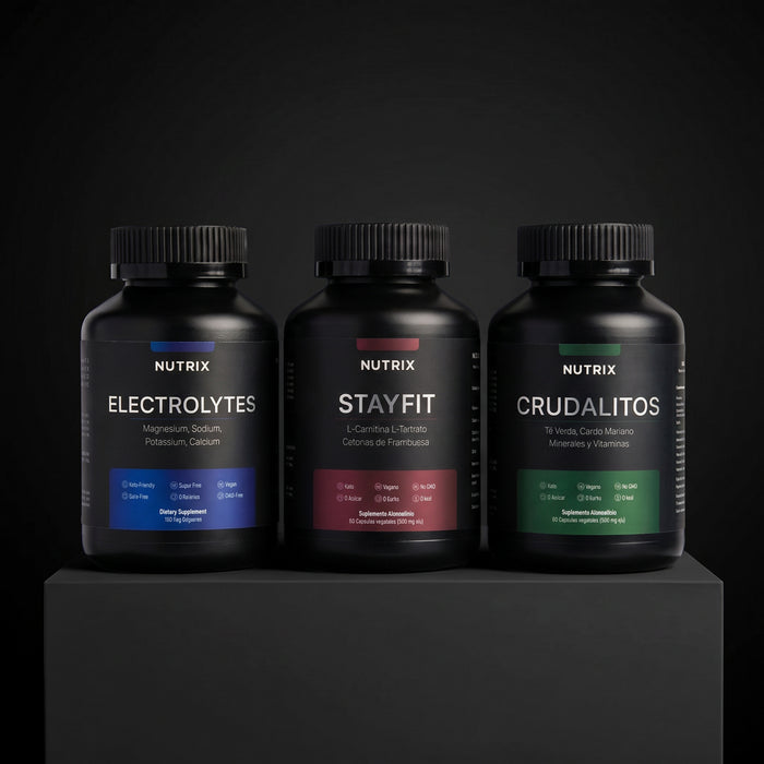 StayFit en la mañana, Electrolytes durante el día, Crudalitos cuando lo necesites. Los 3 productos en cápsula vegetal — 15% off.