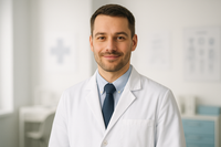 young early 30's guy with doctors coat