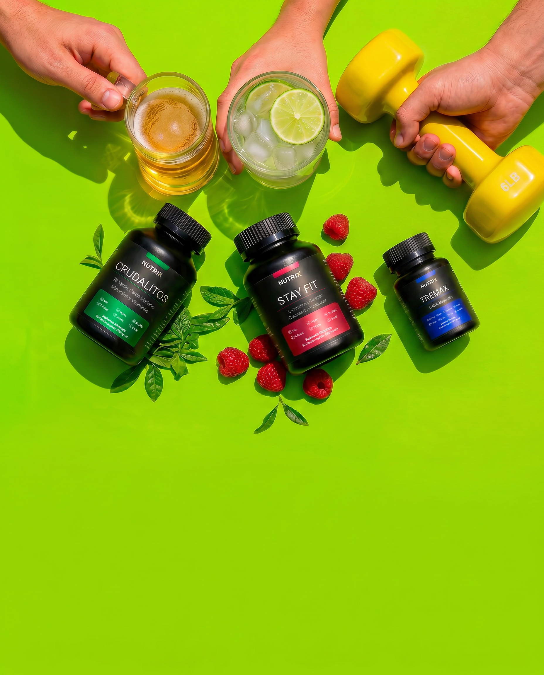 Pack Nutrix sobre fondo verde con productos del día